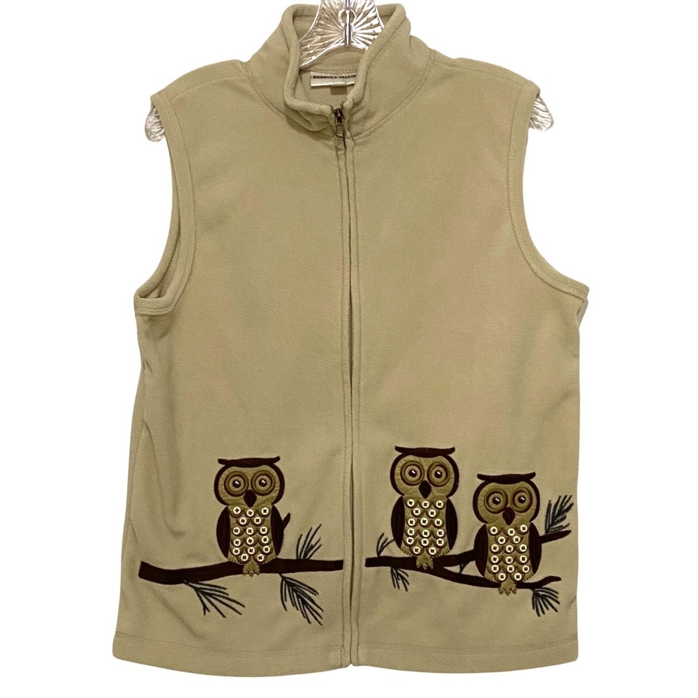 Vtg Y2K Owl Fleece Vest S Beige Grandmacore Retro Whimsy Mori Kei Granola Chic